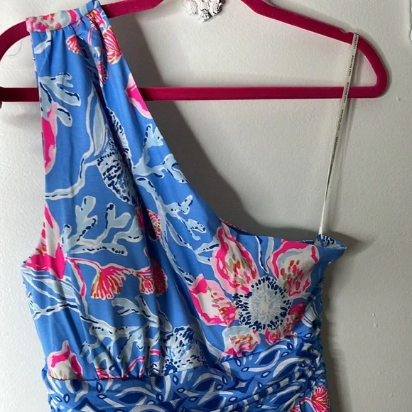 Lilly Pulitzer Helina One Shoulder Midi Blue Dress in Bahamian Rhapsody Swim, M. - Picture 7 of 14